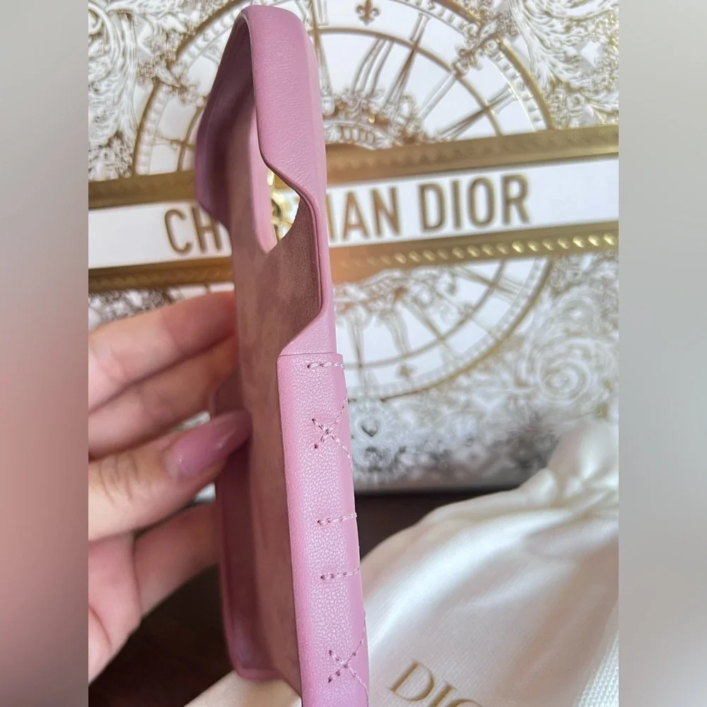 EUC Lady DIOR IPhone 14 Pro Case Pink Leather Charms Pocket Suede Lined Interior